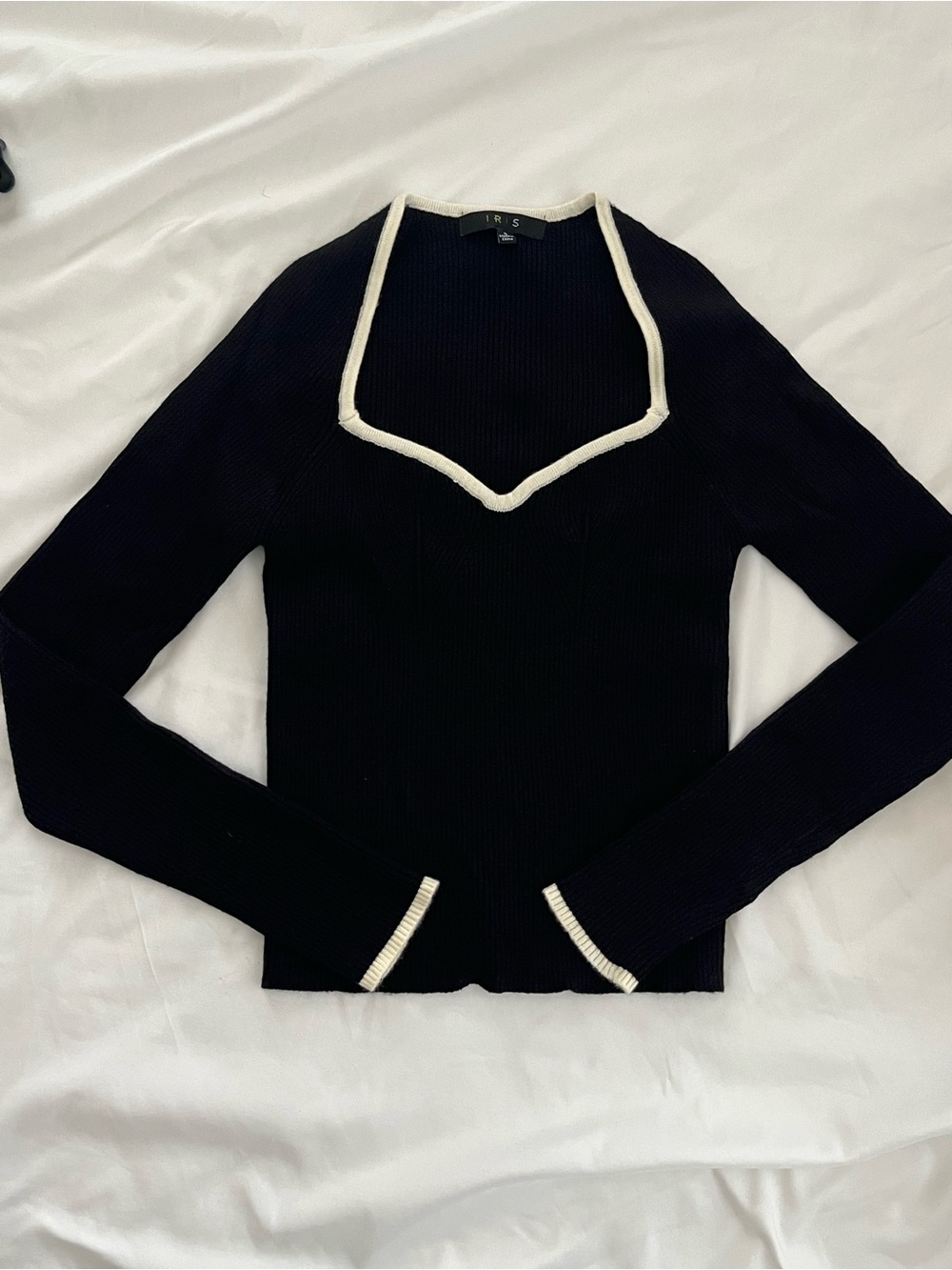 Fashion Nova Black Ribbed V-Neck Sweater with Cream Trim